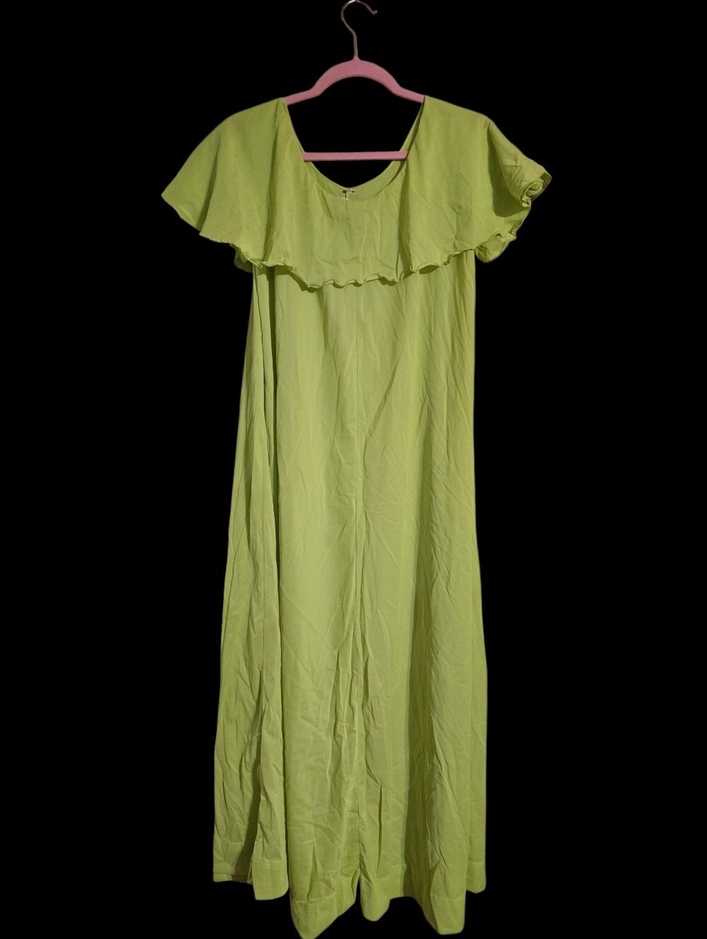 Vintage | Nylon Lime Green Ruffle Maxi Lounge Dress